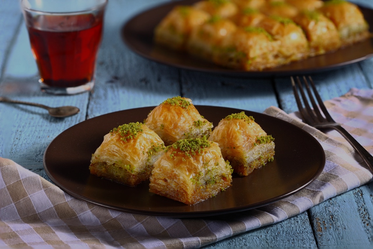 Baklava on a plate with tea, Athens in November.
