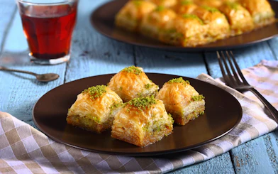 Baklava on a plate with tea, Athens in November.