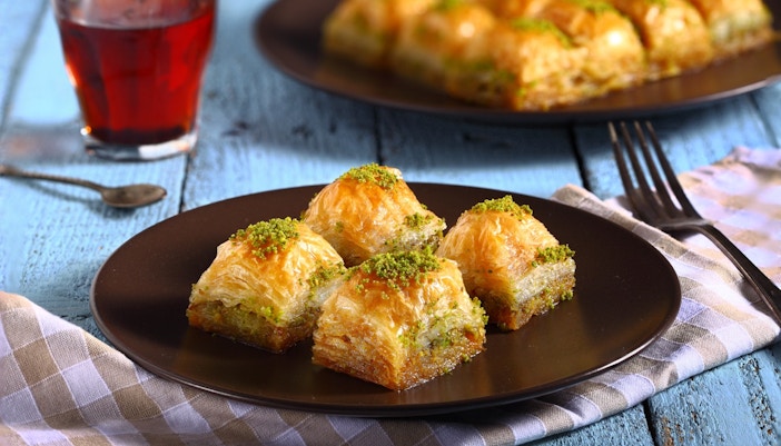 Baklava on a plate with tea, Athens in November.