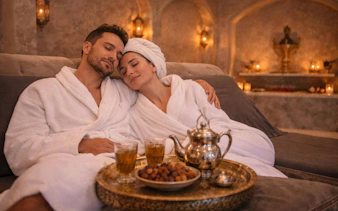 Couple relaxing in robes during Agadir hammam and massage experience.