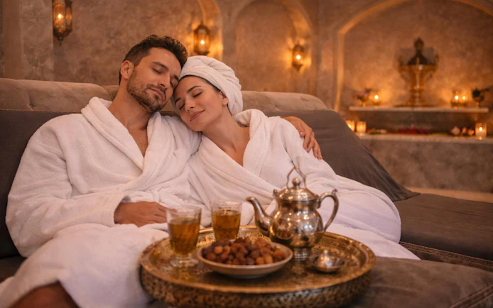 Couple relaxing in robes during Agadir hammam and massage experience.