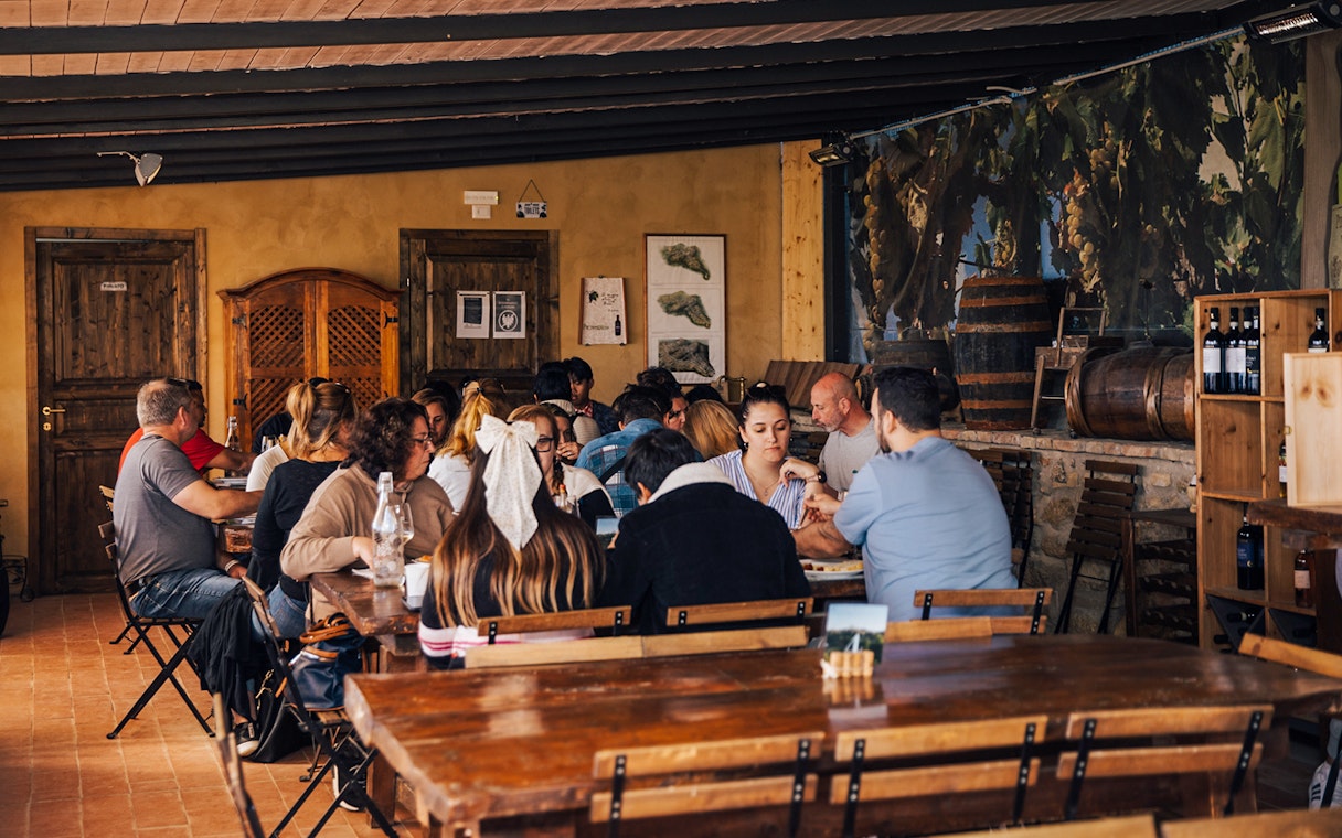 Group enjoying wine tasting in a Tuscan winery, Tuscany in a Day tour.