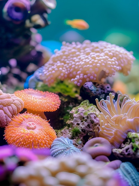 Colorful coral and sea anemones at Aquarium of the Pacific.