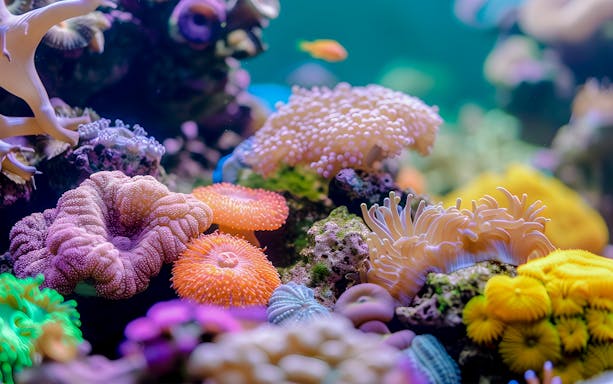 Colorful coral and sea anemones at Aquarium of the Pacific.