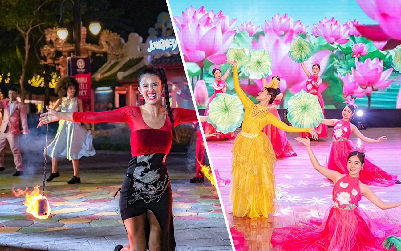 Performers in Da Nang downtown and Ao Dai show with traditional costumes and vibrant stage.