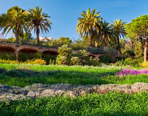 Park Guell's Gardens of Austria featuring vibrant mosaic sculptures in Barcelona, Spain.