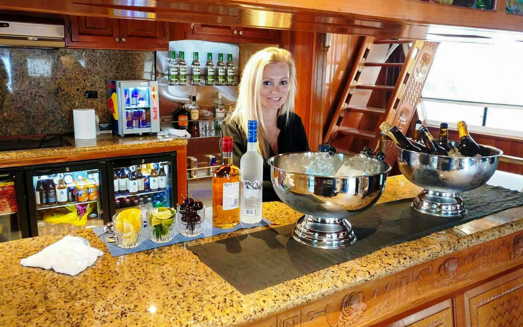 Indoor bar on Amelia Rose yacht during Whale Watching Cruise, Reykjavík.