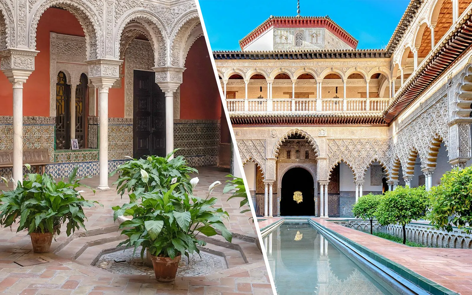 Marble columns and intricate arches at Casa de Salinas courtyard, Seville.