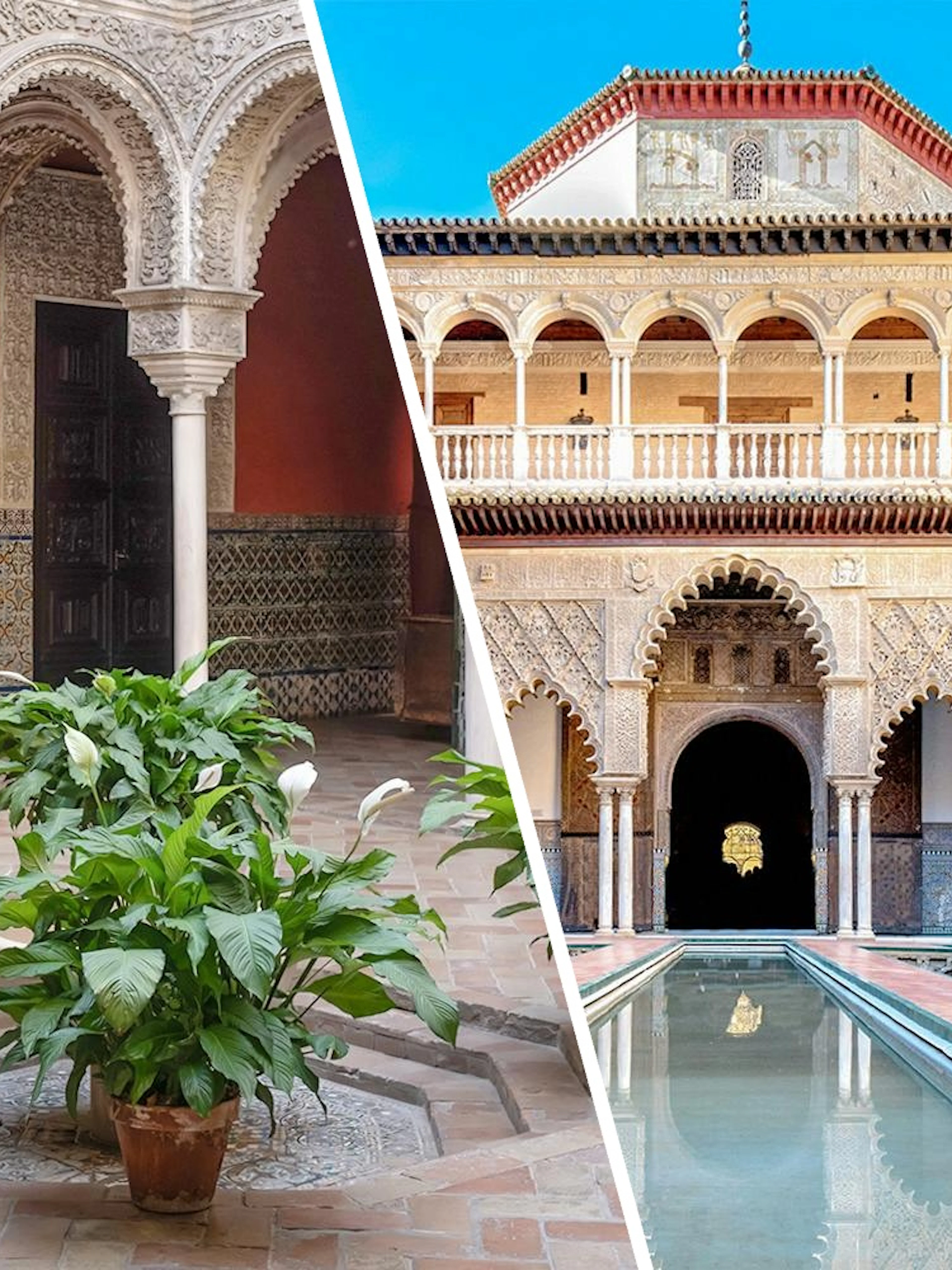 Marble columns and intricate arches at Casa de Salinas courtyard, Seville.