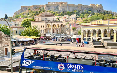 Hop on Hop off bus with Acropolis view in Athens, Greece.