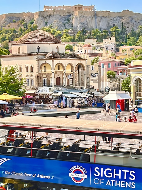 Hop on Hop off bus with Acropolis view in Athens, Greece.