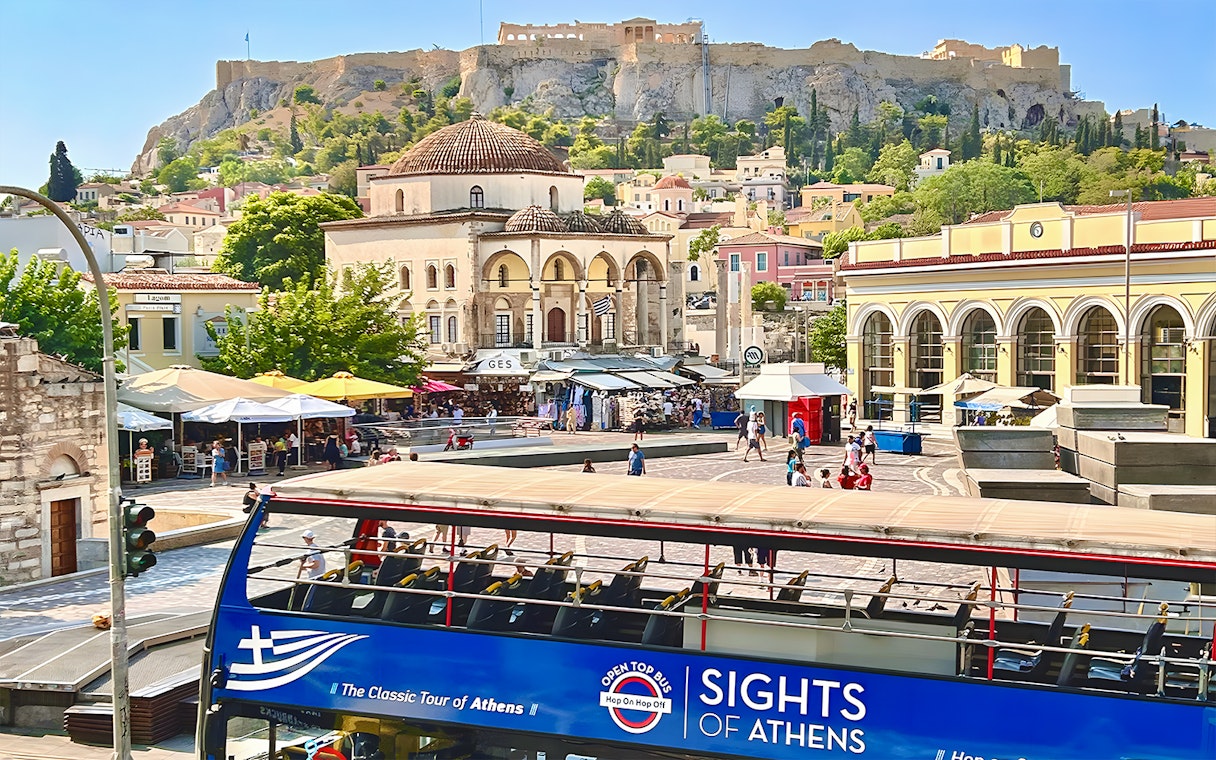 Hop on Hop off bus with Acropolis view in Athens, Greece.