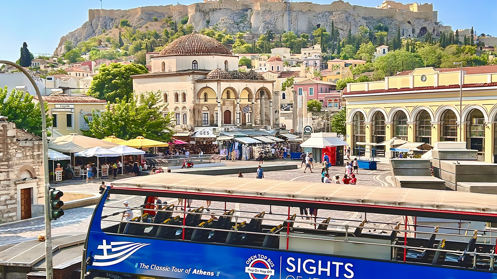 Acropolis view from Hop on Hop off Classic Tour bus in Athens, Greece.