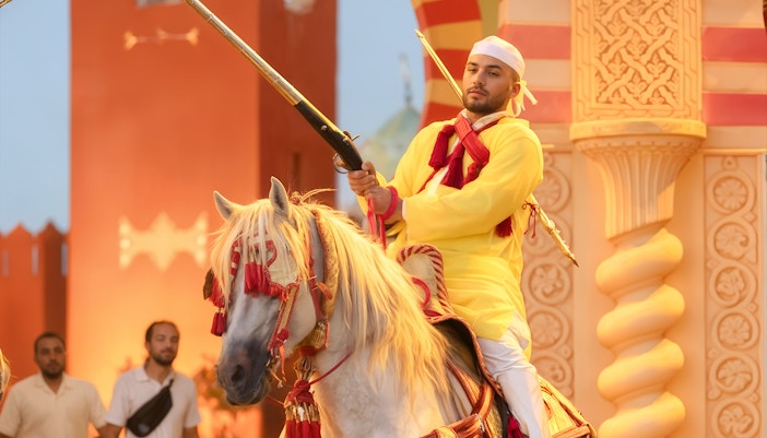 Performer on horseback at Chez Ali Dinner & Fantasia Show, Marrakech.