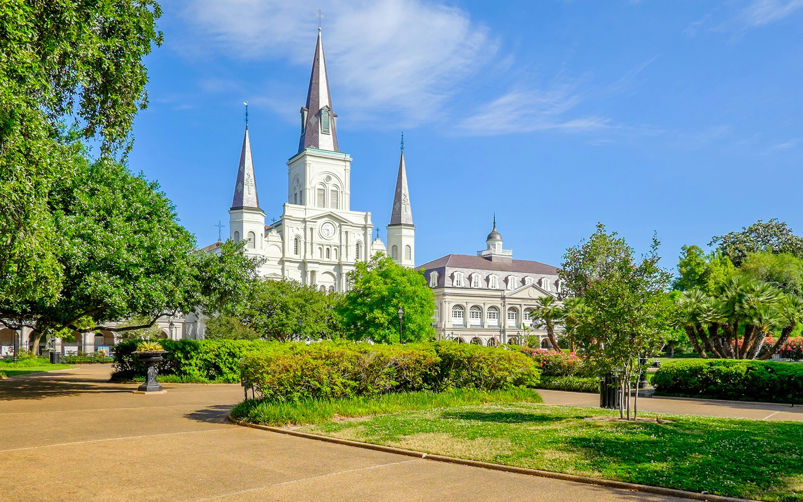 St. Louis Cathedral with surrounding gardens in New Orleans.