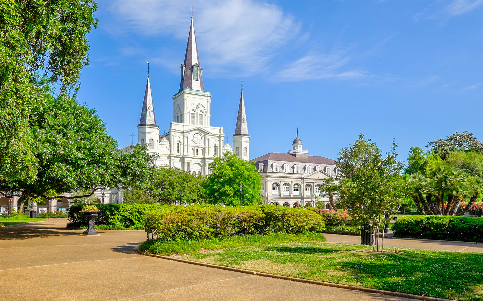 St. Louis Cathedral with surrounding gardens in New Orleans.