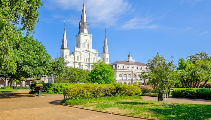 St. Louis Cathedral in New Orleans with its iconic spires and historic architecture.