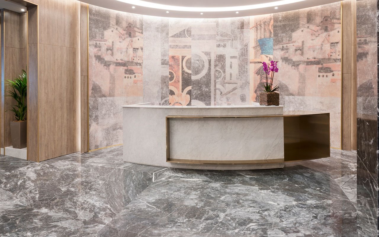 Reception desk at Plaza Premium Lounge, Terminal 1, Leonardo da Vinci-Fiumicino Airport.