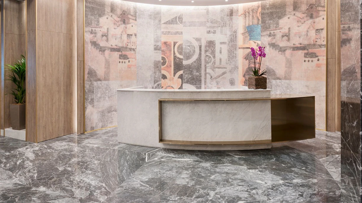 Reception desk at Plaza Premium Lounge, Terminal 1, Leonardo da Vinci-Fiumicino Airport.