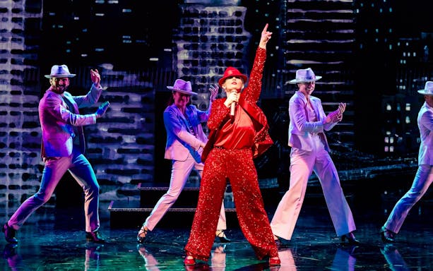 Performers in vibrant costumes dancing energetically on stage during "Gotta Dance!" show.