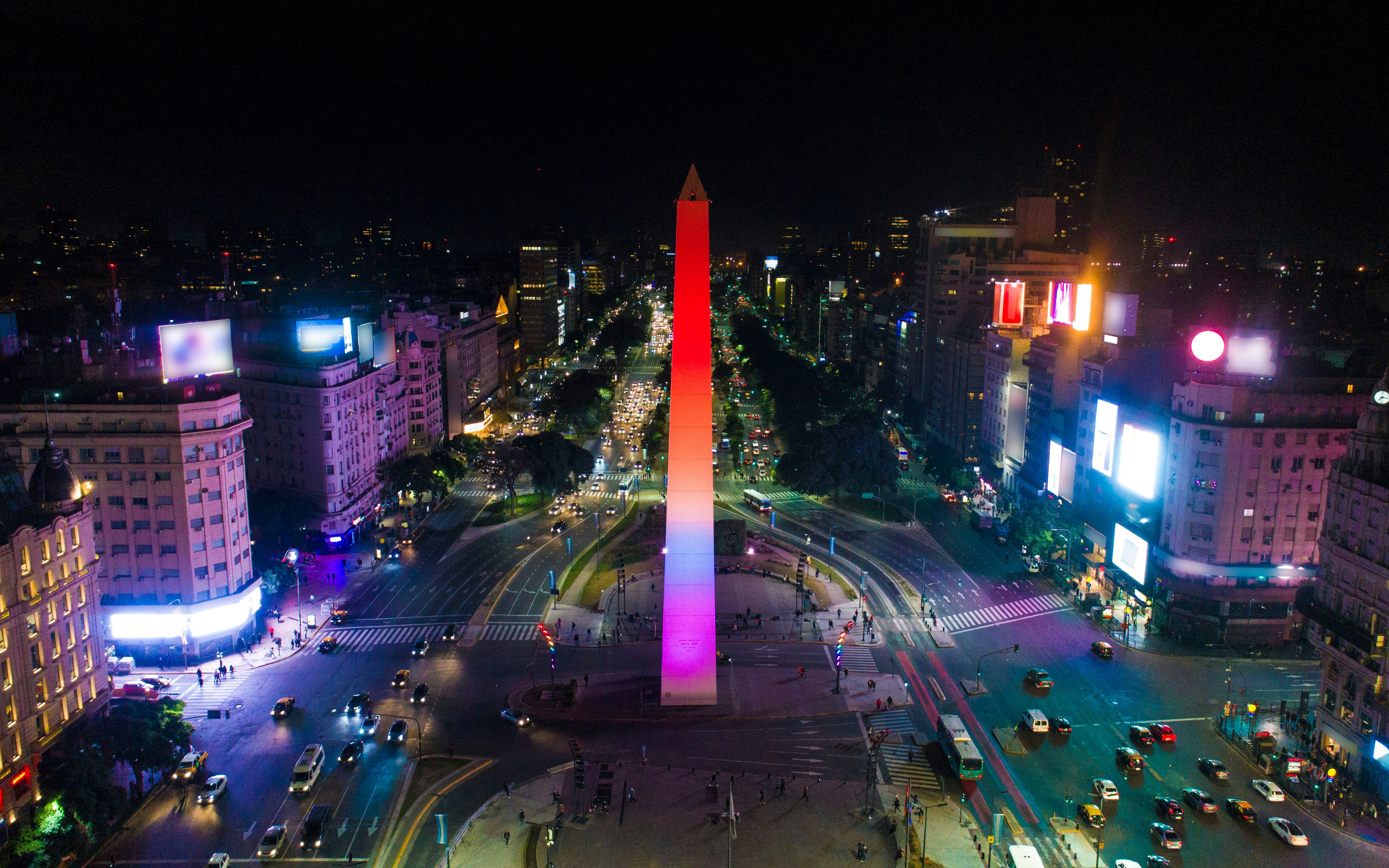 Night aerial view of the Obelisk of Buenos Aires in Plaza de la República, Argentina.