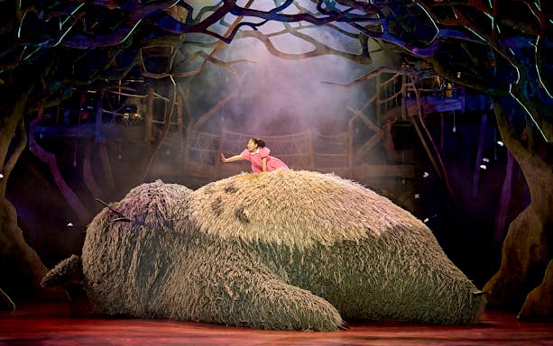 Child on Totoro's back in a forest setting during My Neighbour Totoro stage production.