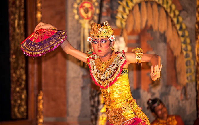 Dancer performing Legong dance at Ubud Palace, Bali.