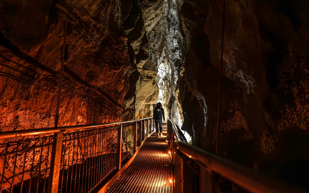 Person walking on a lit pathway inside Ruakuri Cave, New Zealand.