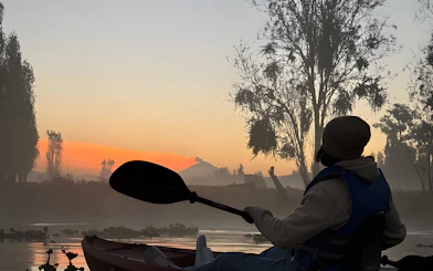 Kayaking at sunrise in Xochimilco canals with silhouetted trees and mist.