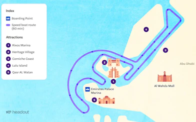 Speedboat route map for Yellow Boat Tours Abu Dhabi, featuring Rixos Marina, Heritage Village, Corniche Coast, Lulu Island, and Qasr Al Watan.