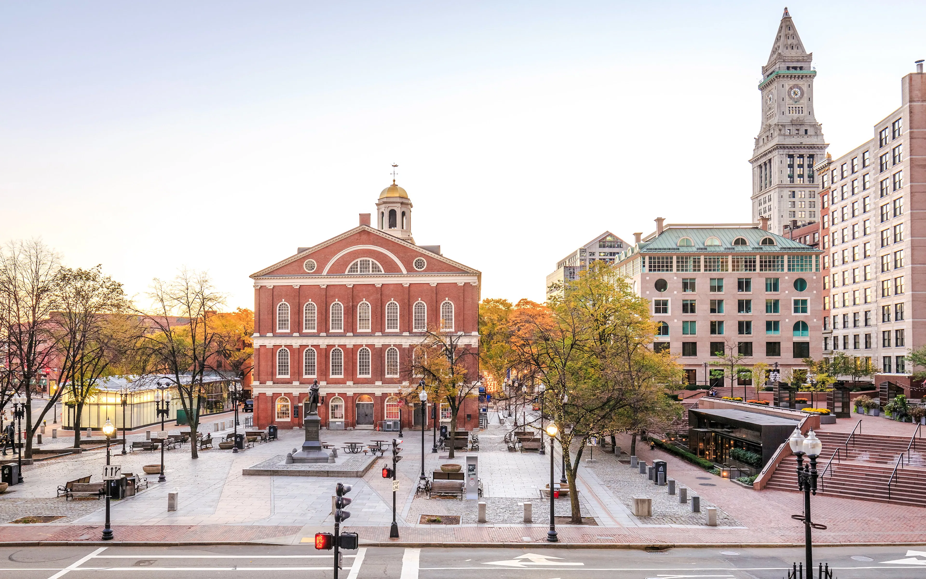 Faneuil Hall and Quincy Market in Boston with surrounding historic buildings.