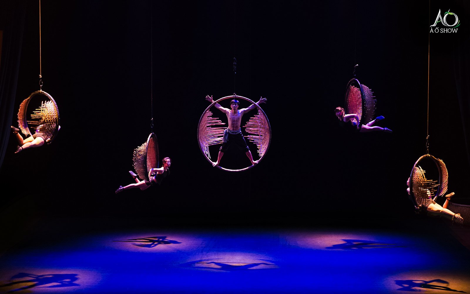 Acrobats performing aerial stunts with light and shadow effects at AO Show.