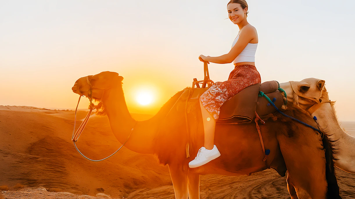 Camel ride at sunset in Agafay Desert, Marrakech.