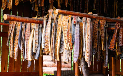 Salmon filets hanging to dry in an Alaskan smokehouse.