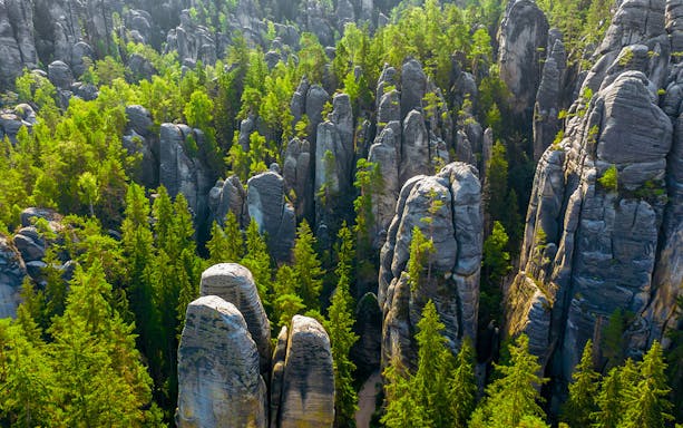 Aerial shot of the rock formations at Adrspach, Wroclaw