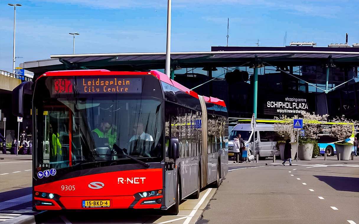 Bus at Schiphol Plaza heading to Leidseplein, Amsterdam.