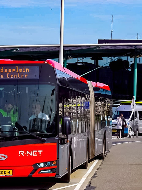 Bus at Schiphol Plaza heading to Leidseplein, Amsterdam.