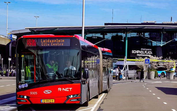 Bus at Schiphol Plaza heading to Leidseplein, Amsterdam.