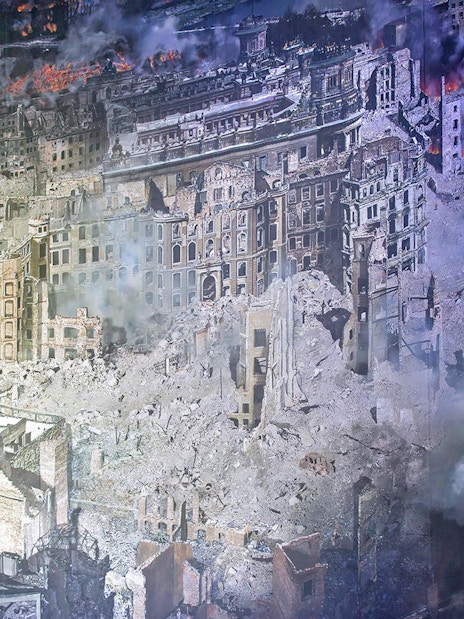 Visitors viewing Dresden ruins panorama at Panometer Dresden.