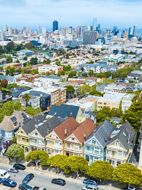 Aerial view of The Painted Ladies and San Francisco skyline during Golden Gate Bridge helicopter tour.