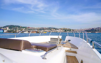 Bosphorus cruise deck with Istanbul skyline in the background.