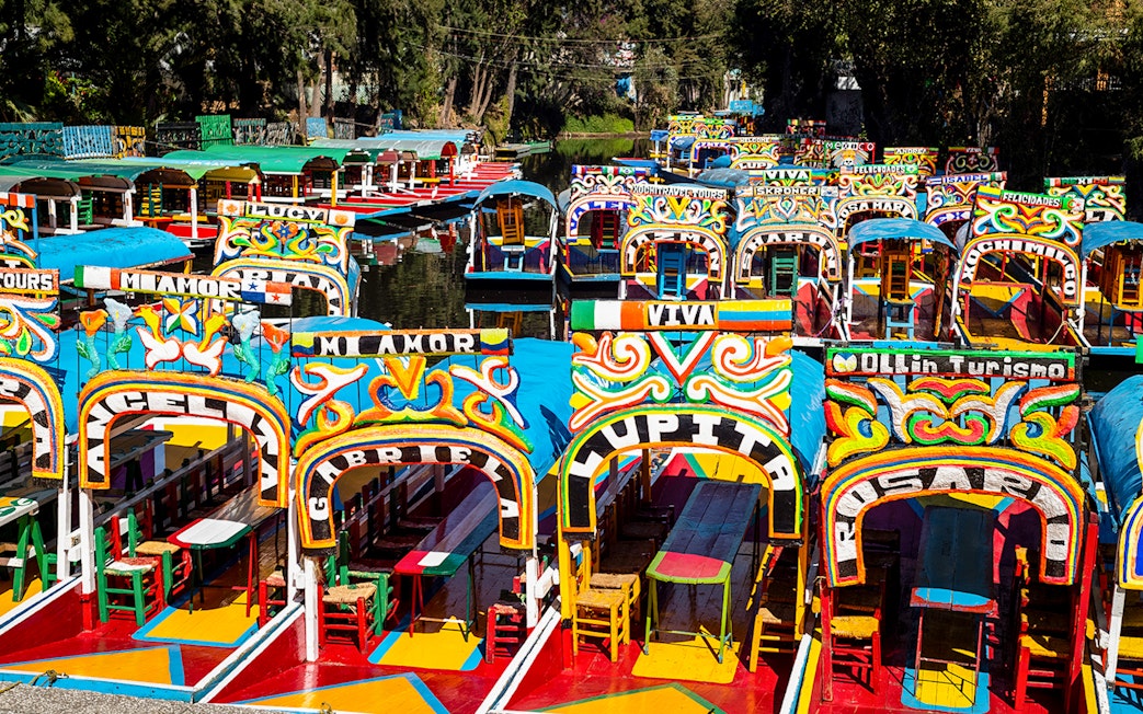 Colorful trajineras lined up in Xochimilco, Mexico City canal.
