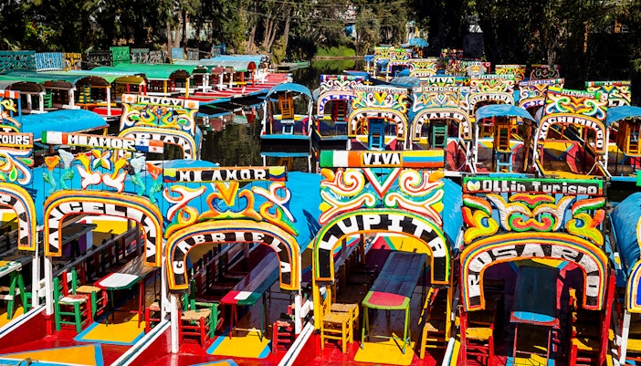 Colorful trajineras floating on Xochimilco canals in Mexico City.