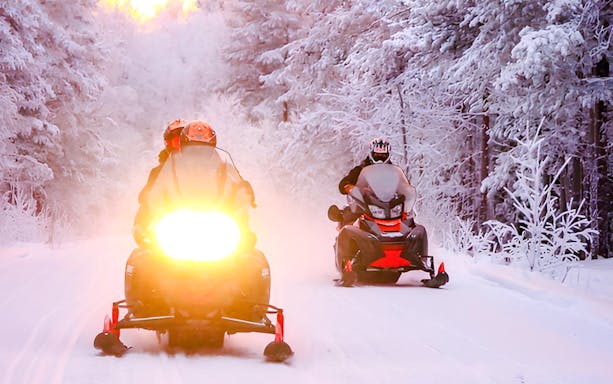 Snowmobilers riding through snowy forest during 1-Hour Snowmobile Safari Adventure from Rovaniemi.