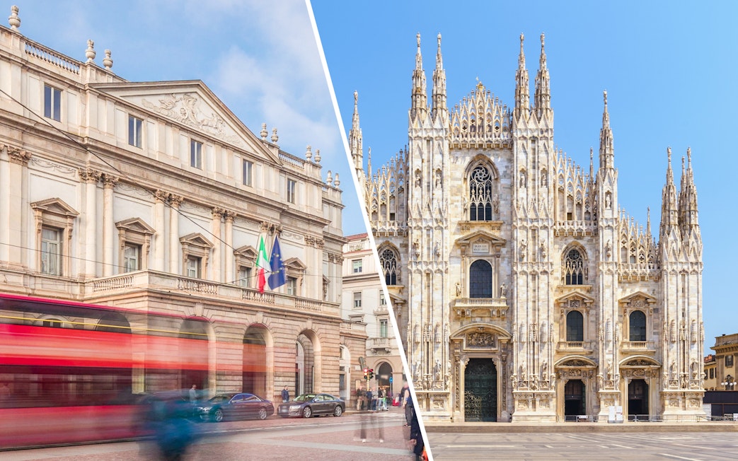 La Scala Theater and Duomo Cathedral in Milan, Italy, featured in a guided tour.