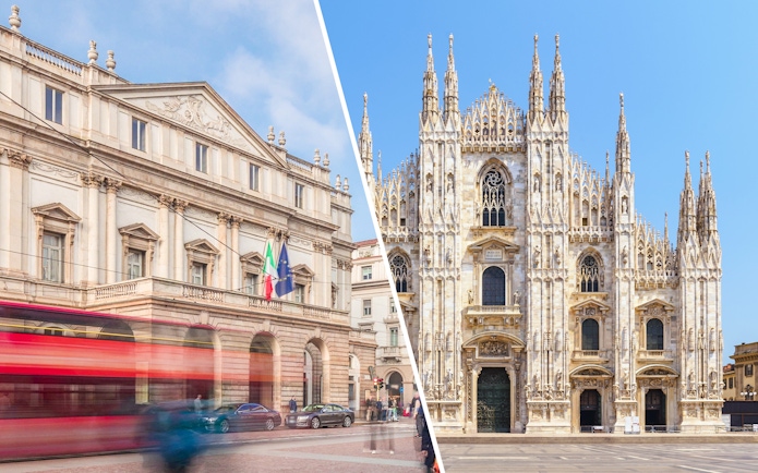 La Scala Theater and Duomo Cathedral in Milan, Italy, featured in a guided tour.