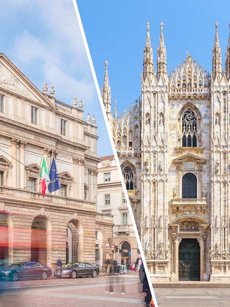 La Scala Theater and Duomo Cathedral in Milan, Italy, featured in a guided tour.
