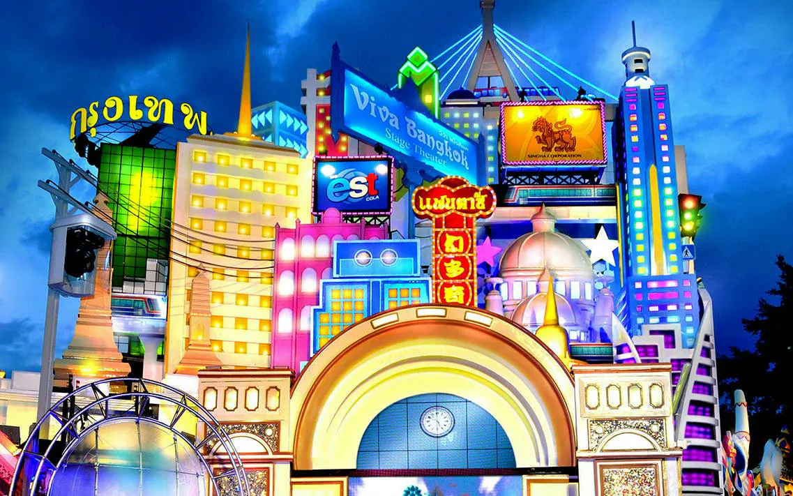 Colorful illuminated buildings at Phuket FantaSea Show, Phuket.