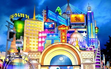 Colorful illuminated buildings at Phuket FantaSea Show, Phuket.