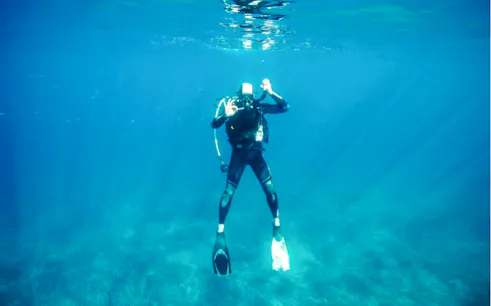 Diver exploring clear waters in Angra, Rio de Janeiro.